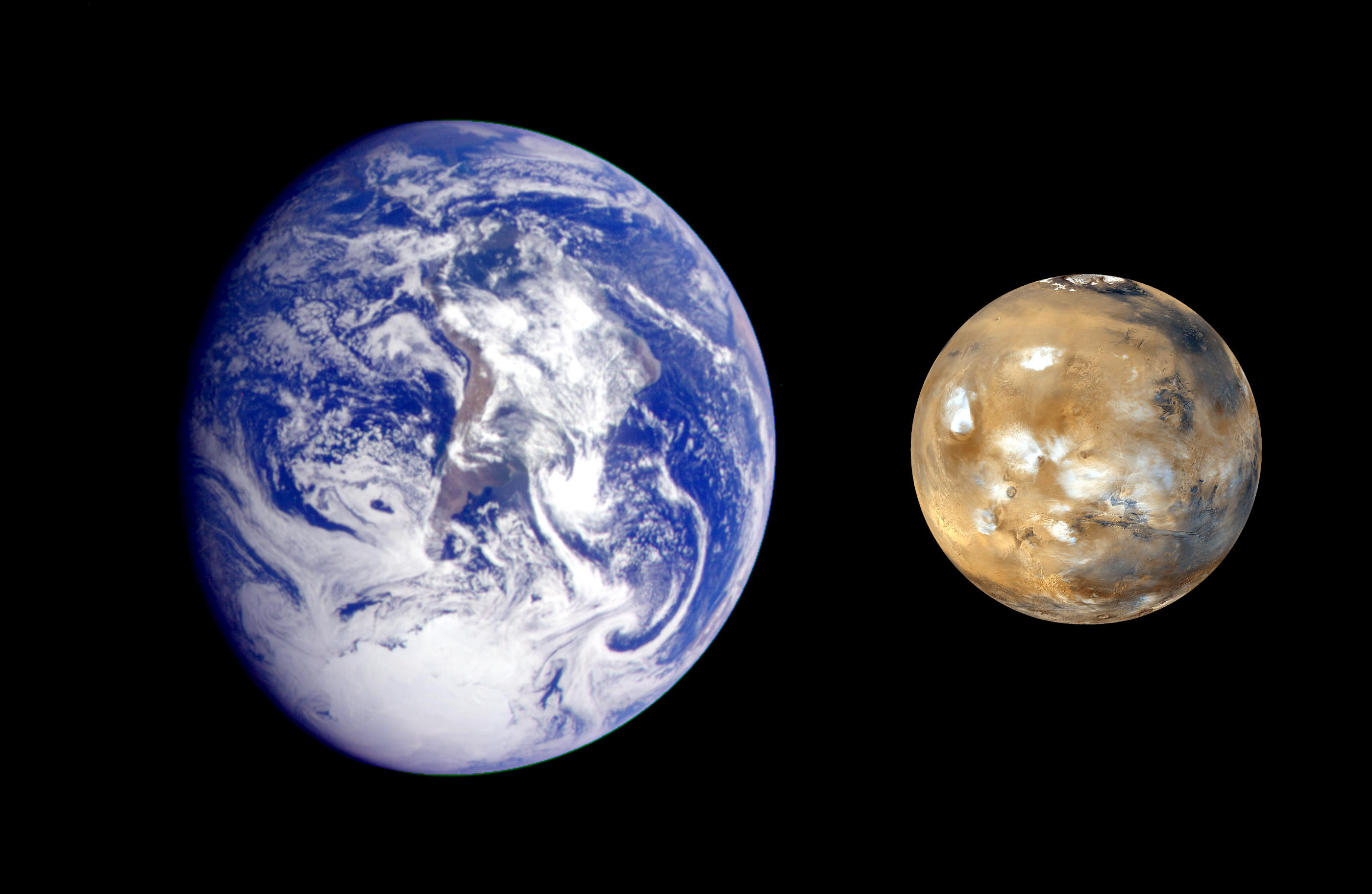 Erde und Mars, globale Ansichten im Größenvergleich