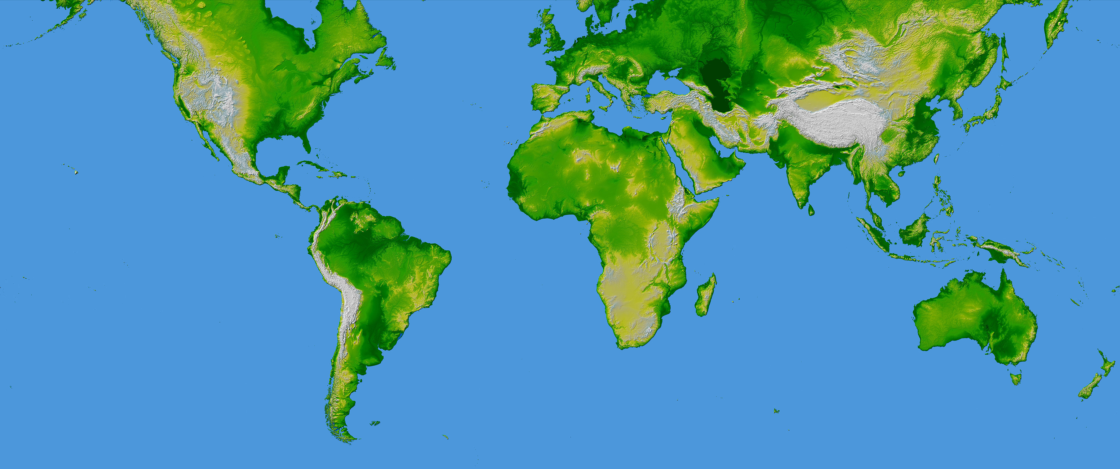 Erde global in Mercator-Projektion, Shaded Relief-Darstellung mit farbkodierter Höhe