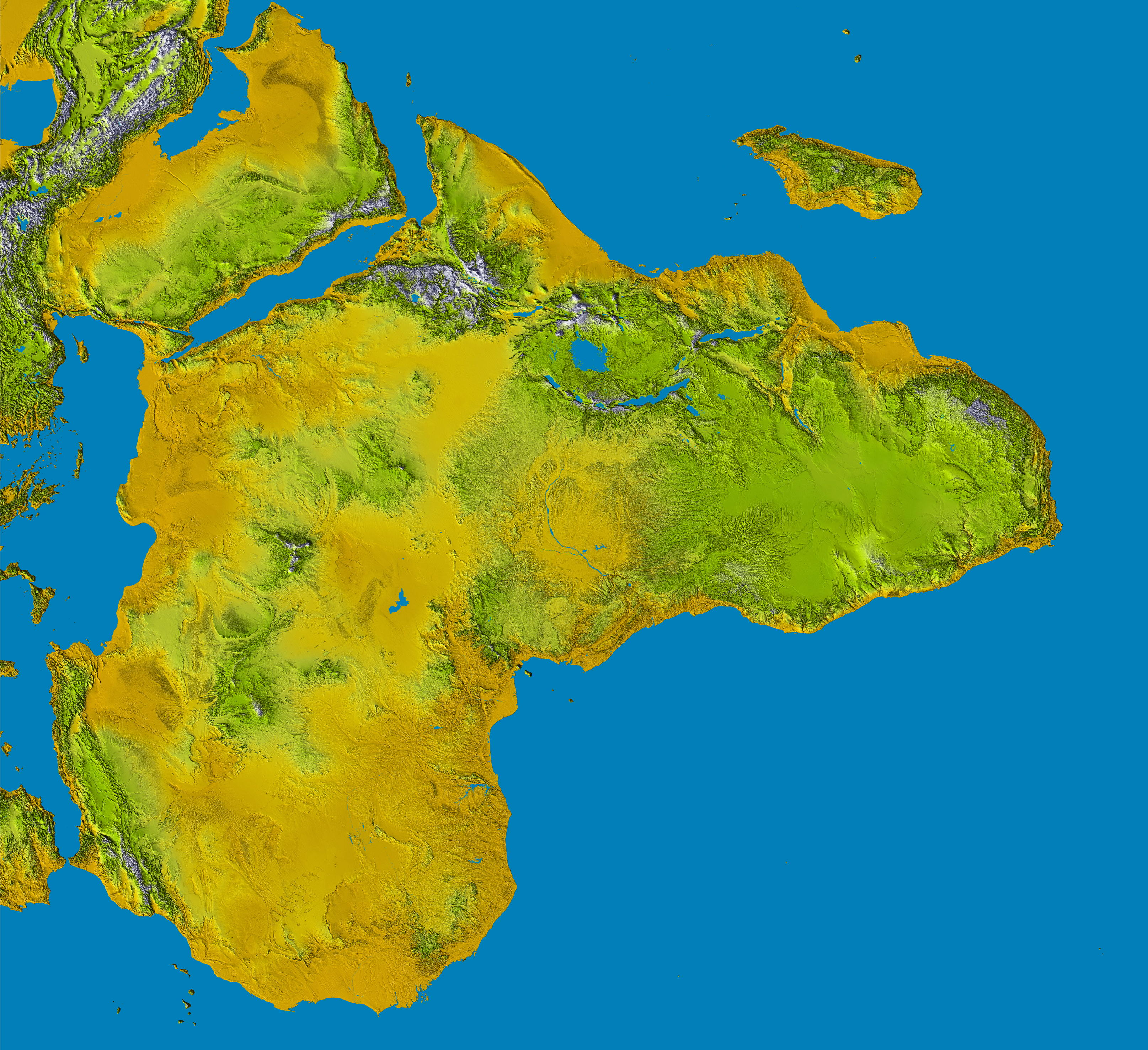 Kontinent Afrika, Shaded Relief-Darstellung mit fabkodierter Höhe