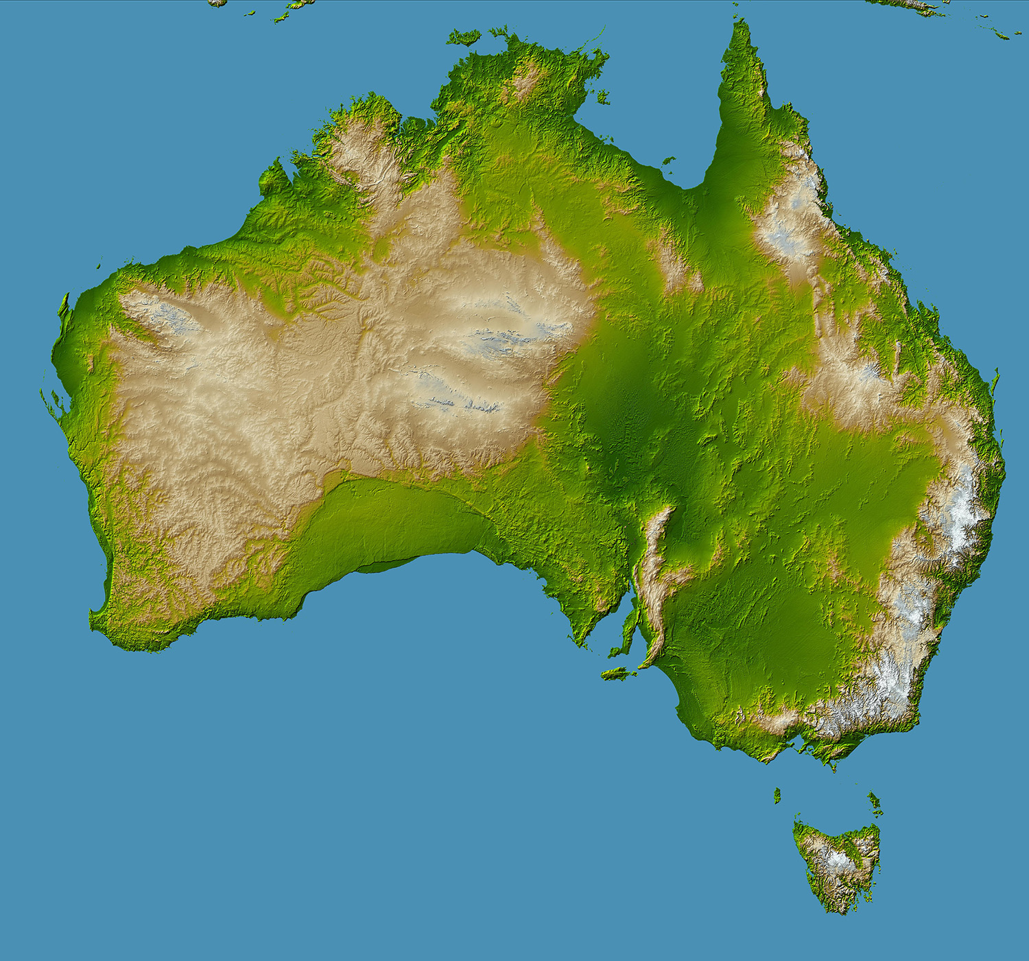 Australien, Shaded Relief-Darstellung mit farbkodierter Höhe