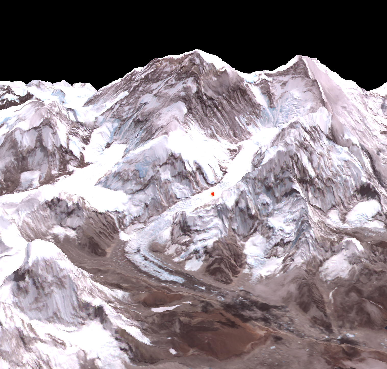 Mount Everest mit Kennzeichnung des Lawinenabgangs vom 26.4.2014