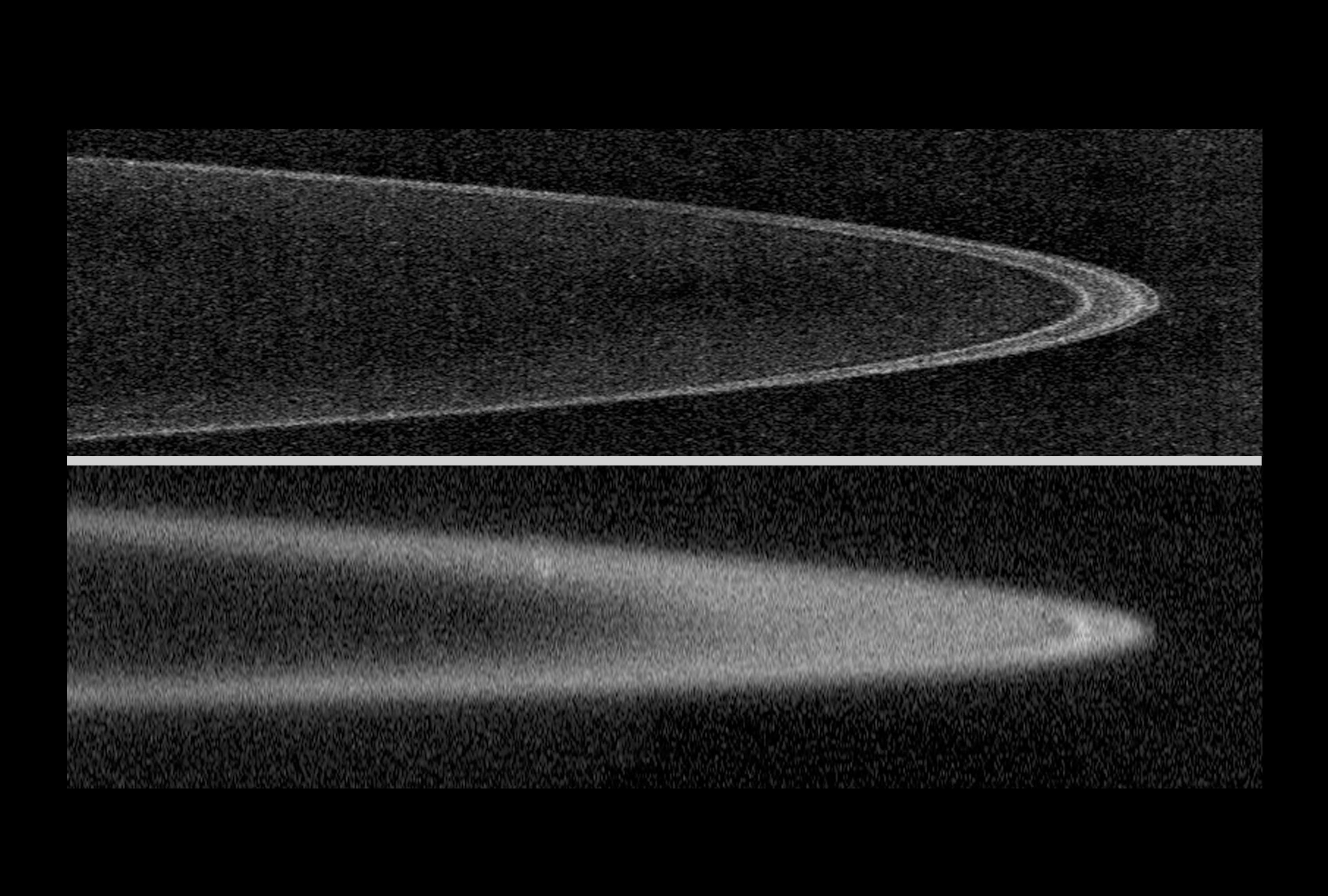 Zwei Aufnahmen des feinen Ringsystems vor und nach der größten Annäherung von New Horizons
