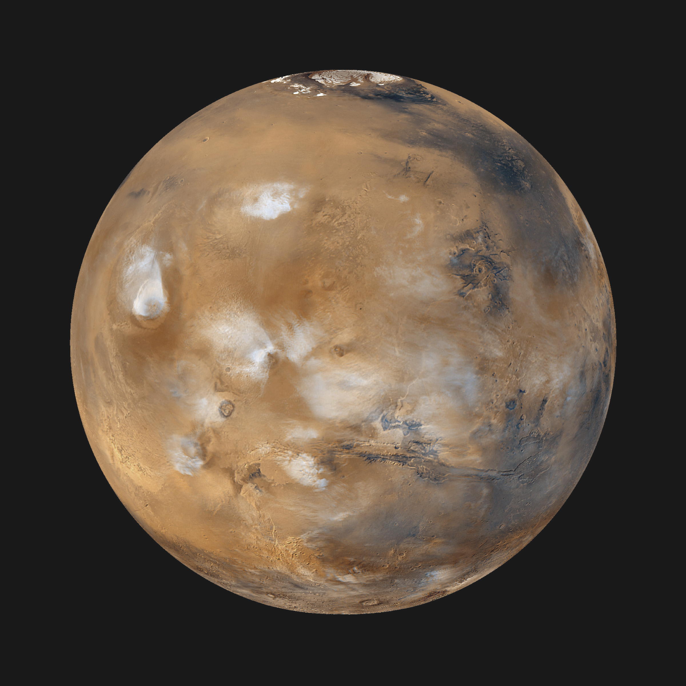 Globale Ansicht des Mars mit Wolken über den Vulkanen der Tharsis-Region