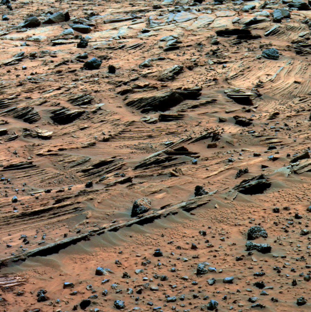 Spirit-Landestelle, freigelegtes, geschichtetes Gestein bei Home Plate