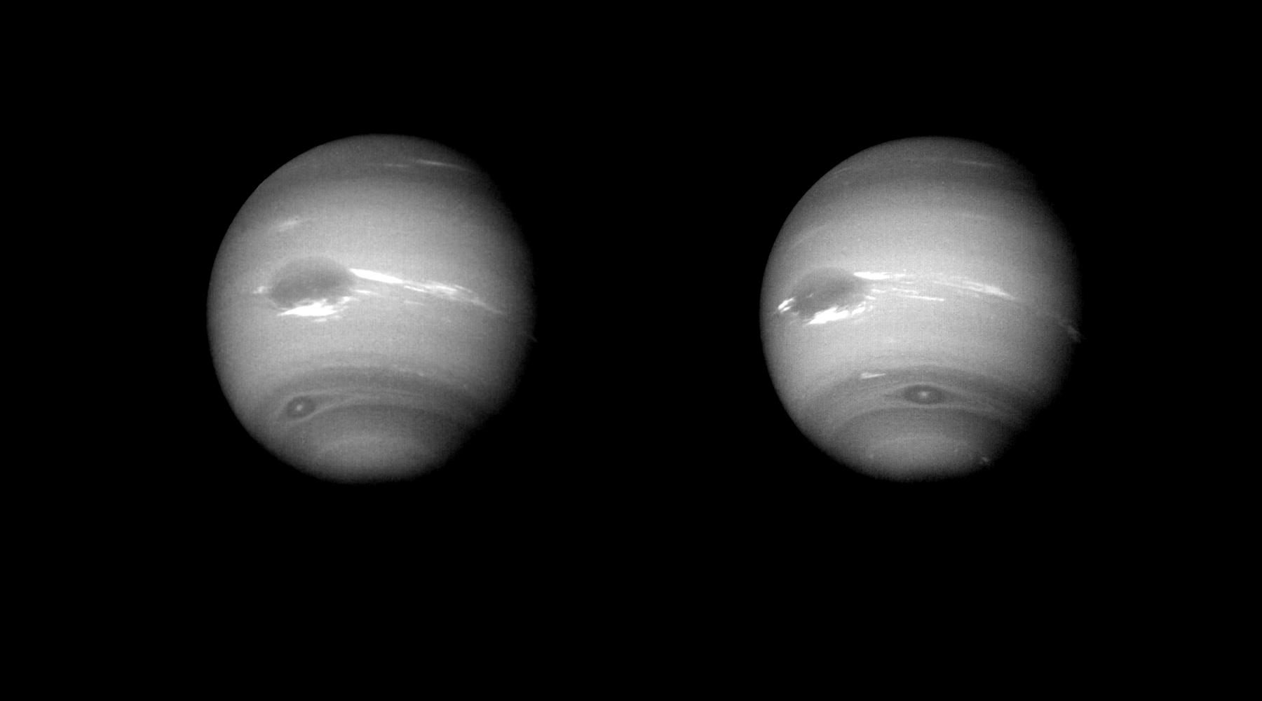 Neptun, zwei globale Ansichten, aus 12 Mill. km Entfernung
