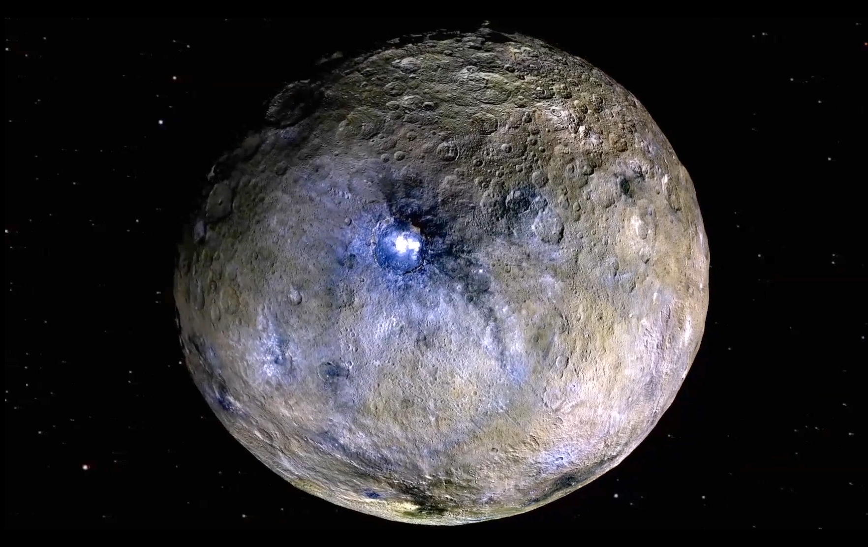 Ceres, globale Ansicht mit Krater Occator in Falschfarben